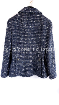 CHANEL 10S Blue Navy Metallic Pearl CC Button Tweed Jacket 38 40 シャネル ネイビー パール ココボタン ルサージュ ツイード ジャケット 即発