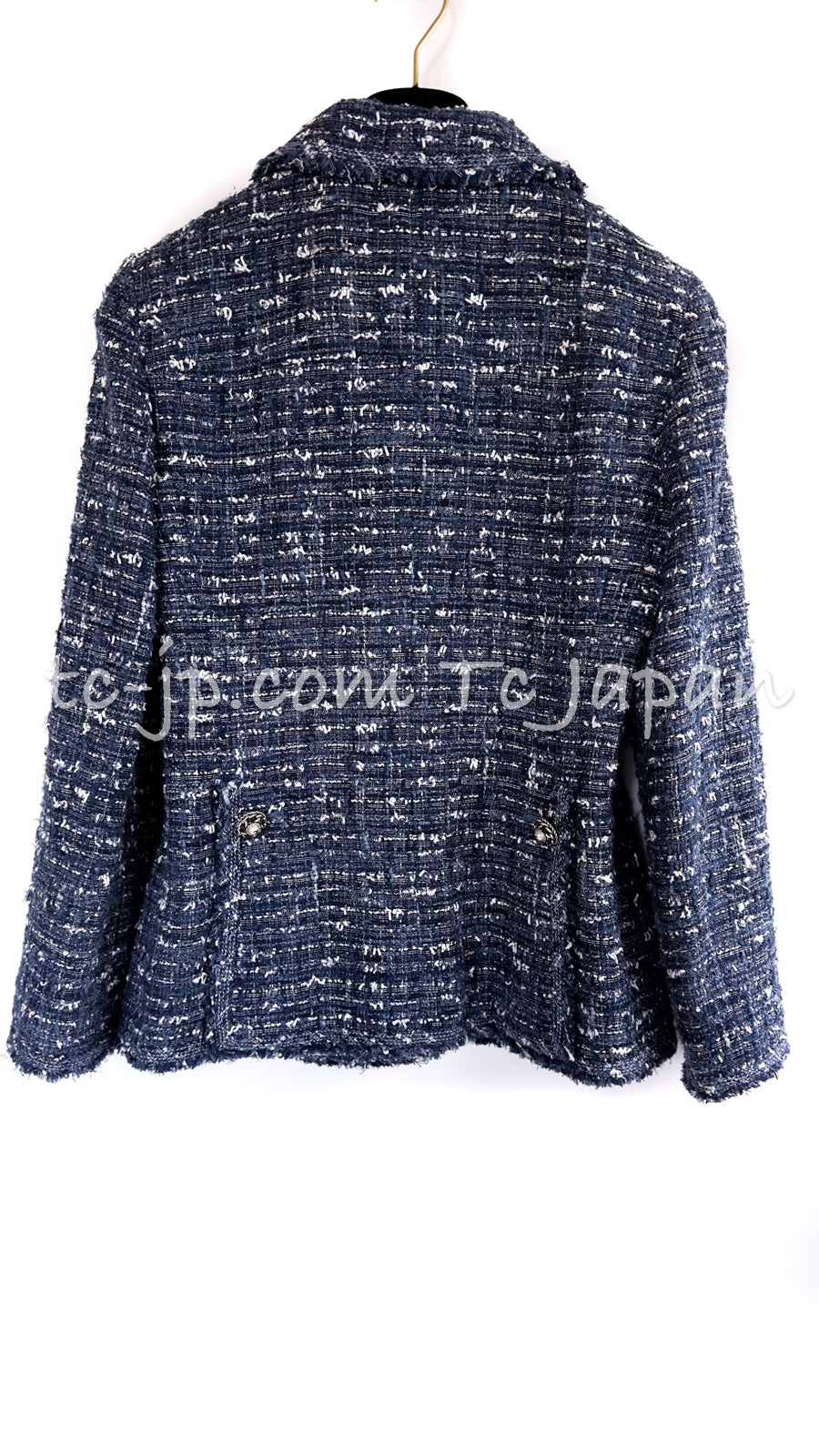 CHANEL 10S Blue Navy Metallic Pearl CC Button Tweed Jacket 38 40 シャネル ネイビー パール ココボタン ルサージュ ツイード ジャケット 即発