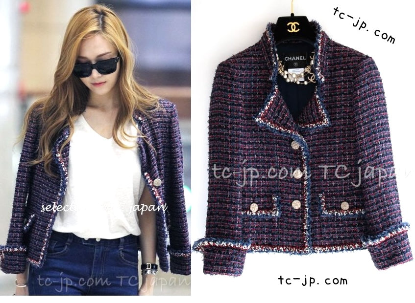CHANEL 13C Navy Purple Red Ribbon Versailles Lesage Tweed Jacket 46 48 シャネル ネイビー パープル レッド リボン ベルサイユ ルサージュ ツイード ジャケット 即発