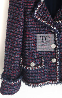 CHANEL 13C Navy Purple Red Ribbon Versailles Lesage Tweed Jacket 46 48 シャネル ネイビー パープル レッド リボン ベルサイユ ルサージュ ツイード ジャケット 即発