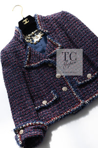 CHANEL 13C Navy Purple Red Ribbon Versailles Lesage Tweed Jacket 46 48 シャネル ネイビー パープル レッド リボン ベルサイユ ルサージュ ツイード ジャケット 即発