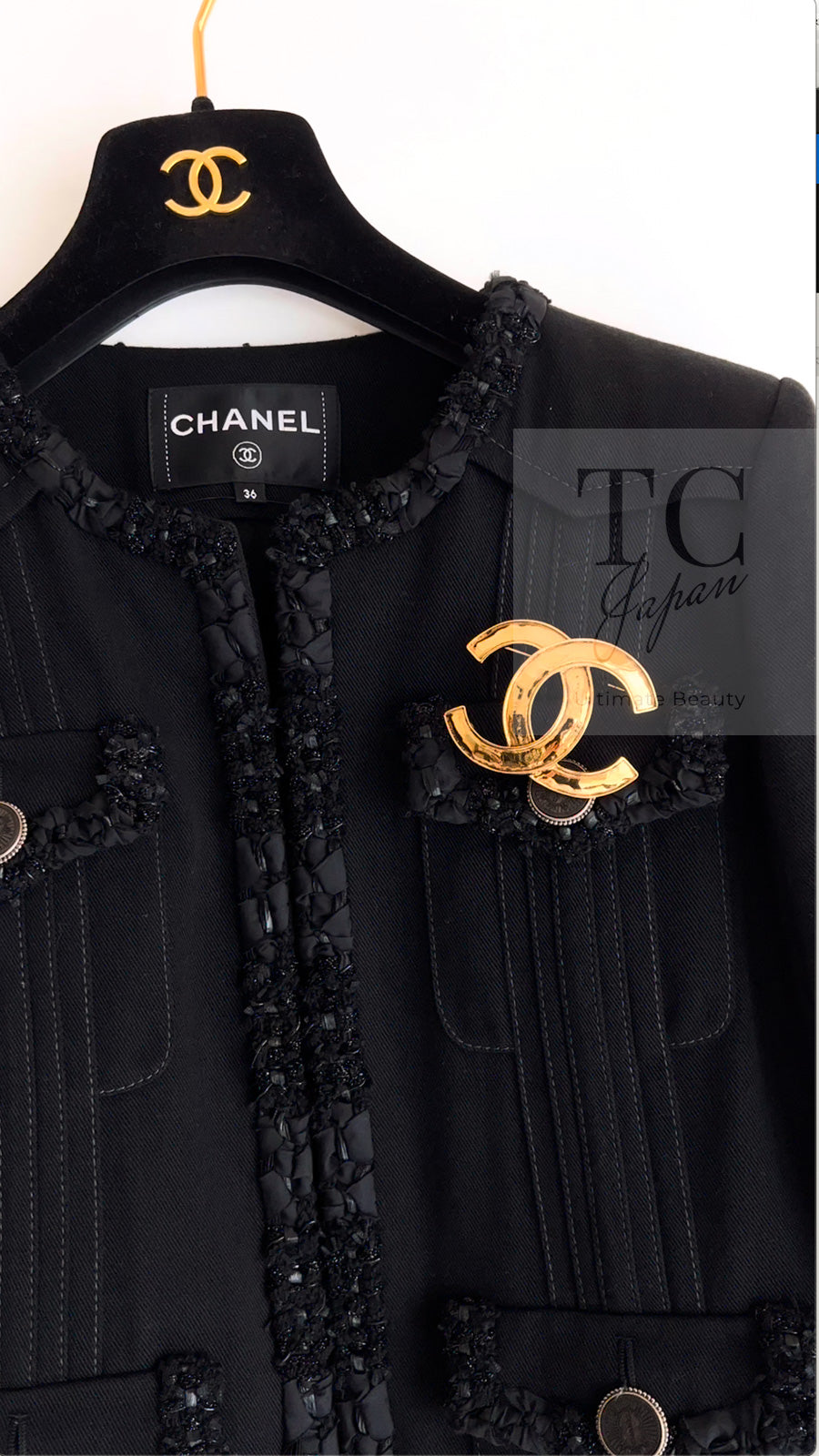 CHANEL 17C Black Cotton Denim Collarless Jacket 36 シャネル ブラック コットン デニム ノーカラー ジャケット 即発