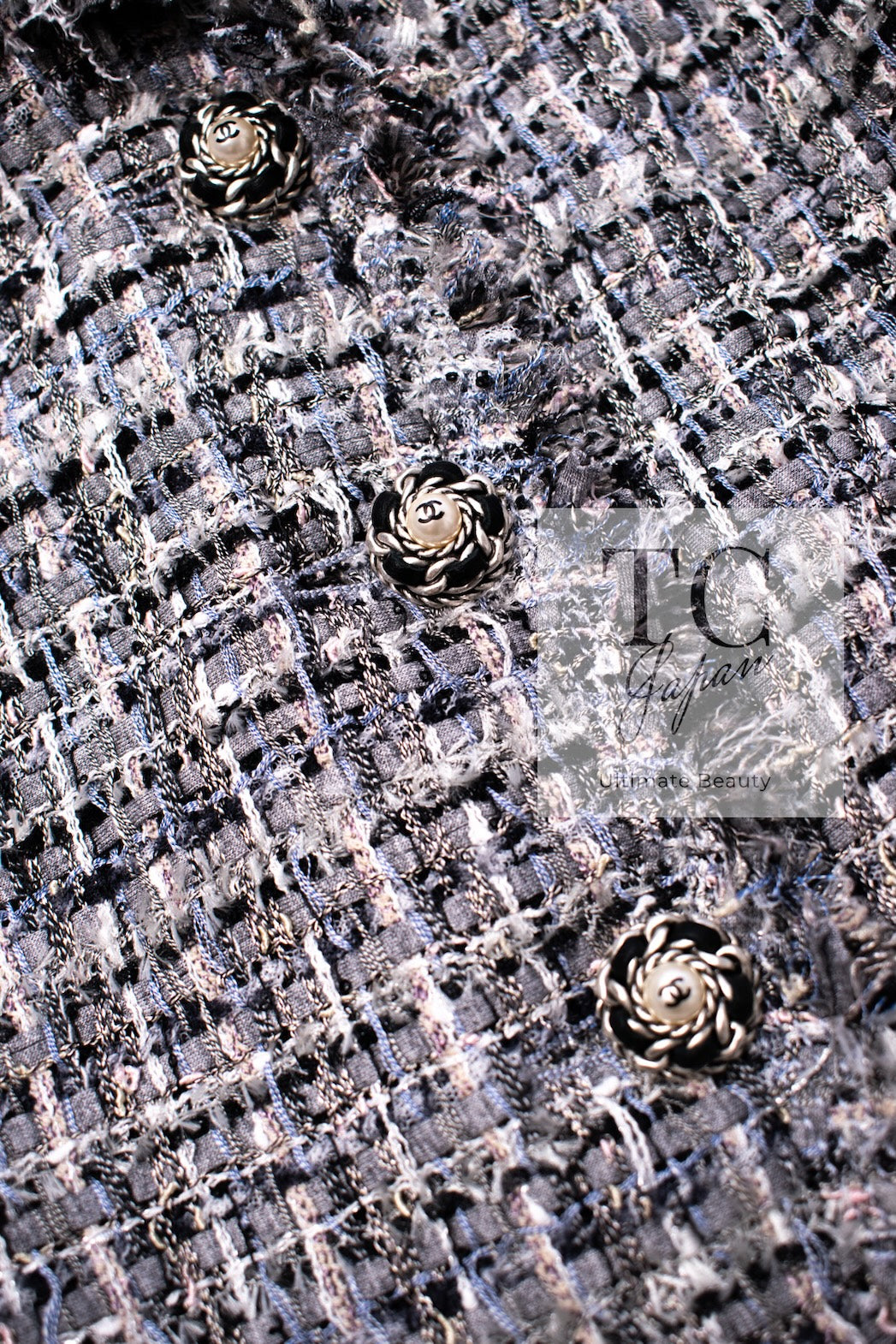 CHANEL 10S Gray Pearl Button Tweed Jacket 34 シャネル グレー パール ココボタン ツイード ジャケット 即発