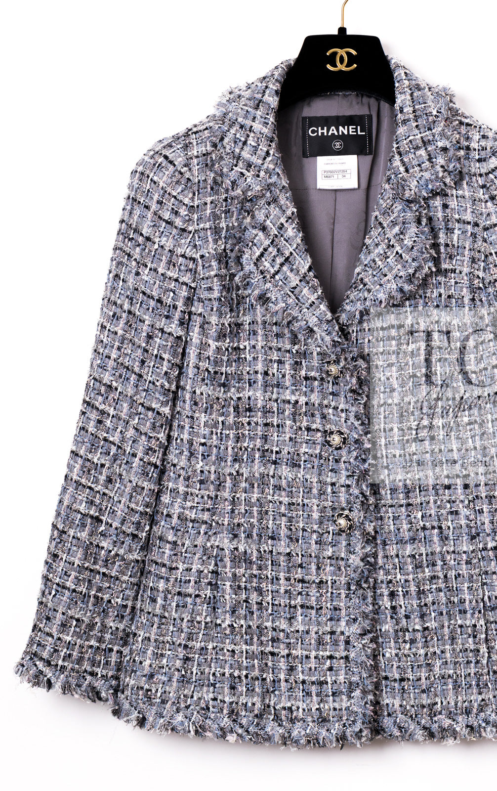 CHANEL 10S Gray Pearl Button Tweed Jacket 34 シャネル グレー パール ココボタン ツイード ジャケット 即発