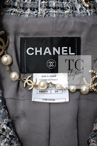 CHANEL 10S Gray Pearl Button Tweed Jacket 34 シャネル グレー パール ココボタン ツイード ジャケット 即発