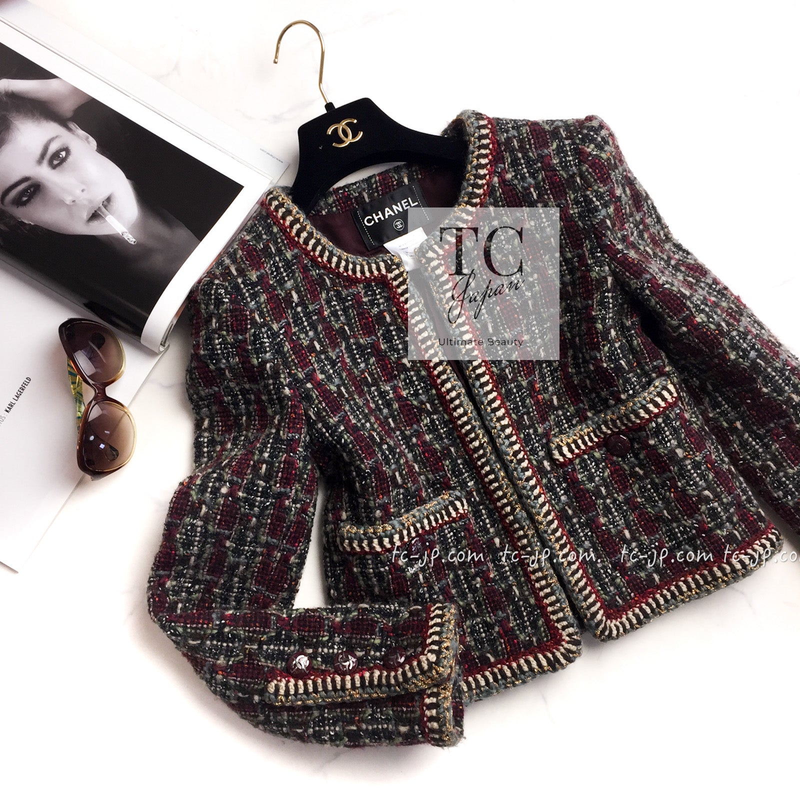 CHANEL 15A Maroon Wine Red Braid Trimming Wool Tweed Jacket Skirt Suit 42 44 シャネル ワインレッド ブレイドトリミング ウール ツイード ジャケット スカート スーツ 即発
