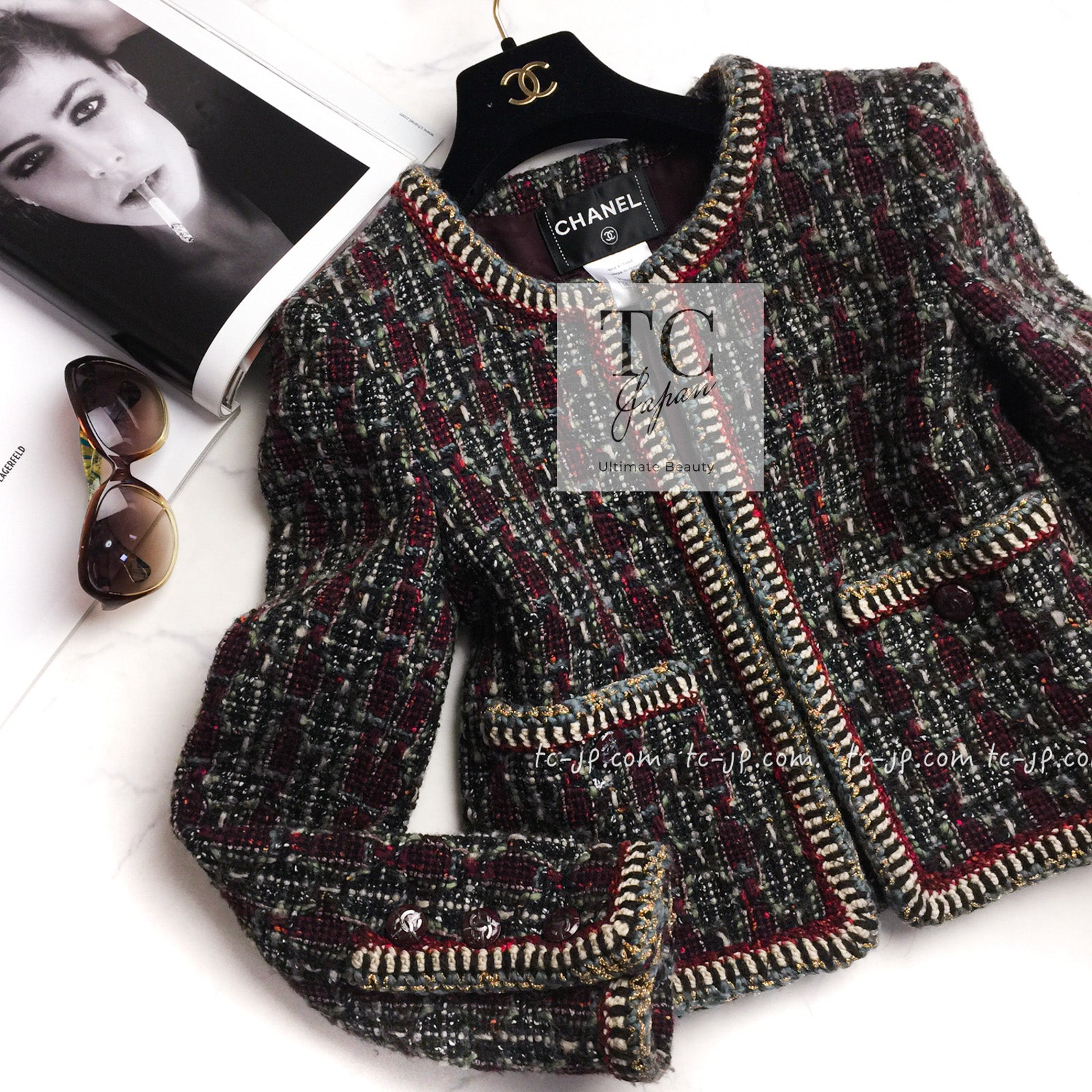 CHANEL 15A Maroon Wine Red Braid Trimming Wool Tweed Jacket Skirt Suit 42 44 シャネル ワインレッド ブレイドトリミング ウール ツイード ジャケット スカート スーツ 即発