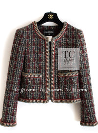 CHANEL 15A Maroon Wine Red Braid Trimming Wool Tweed Jacket Skirt Suit 42 44 シャネル ワインレッド ブレイドトリミング ウール ツイード ジャケット スカート スーツ 即発