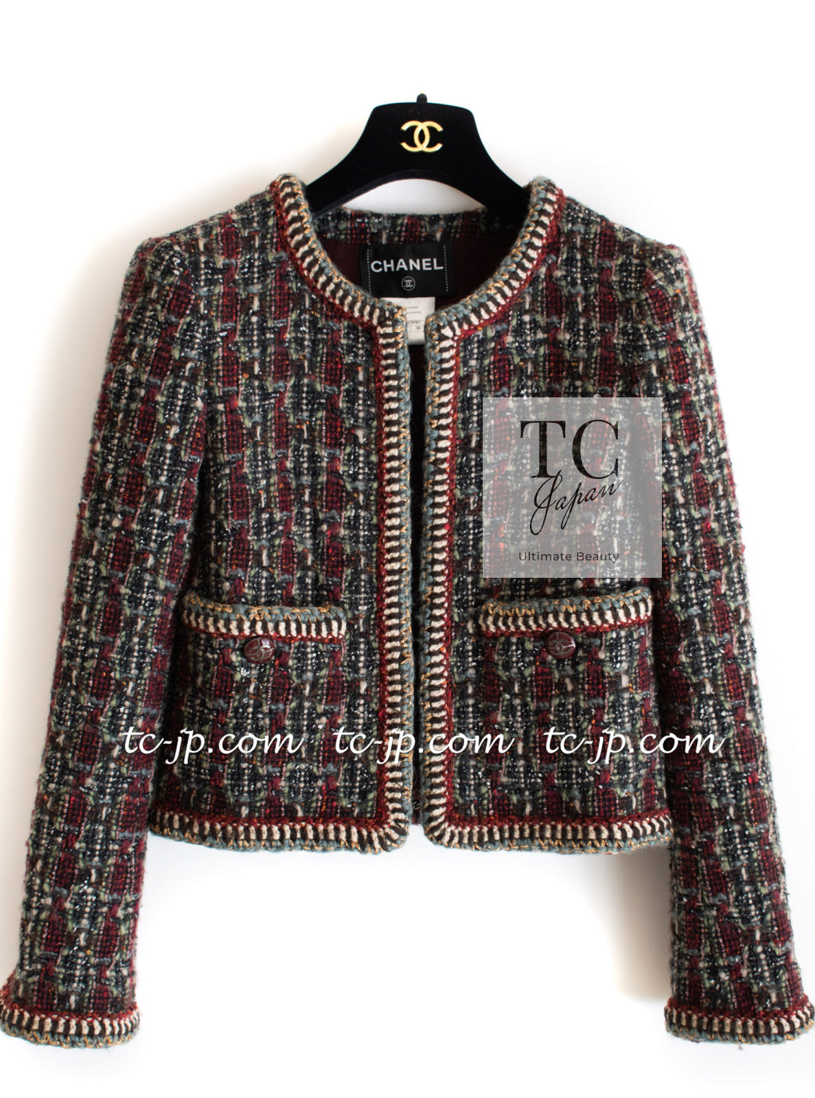 CHANEL 15A Maroon Wine Red Braid Trimming Wool Tweed Jacket Skirt Suit 42 44 シャネル ワインレッド ブレイドトリミング ウール ツイード ジャケット スカート スーツ 即発