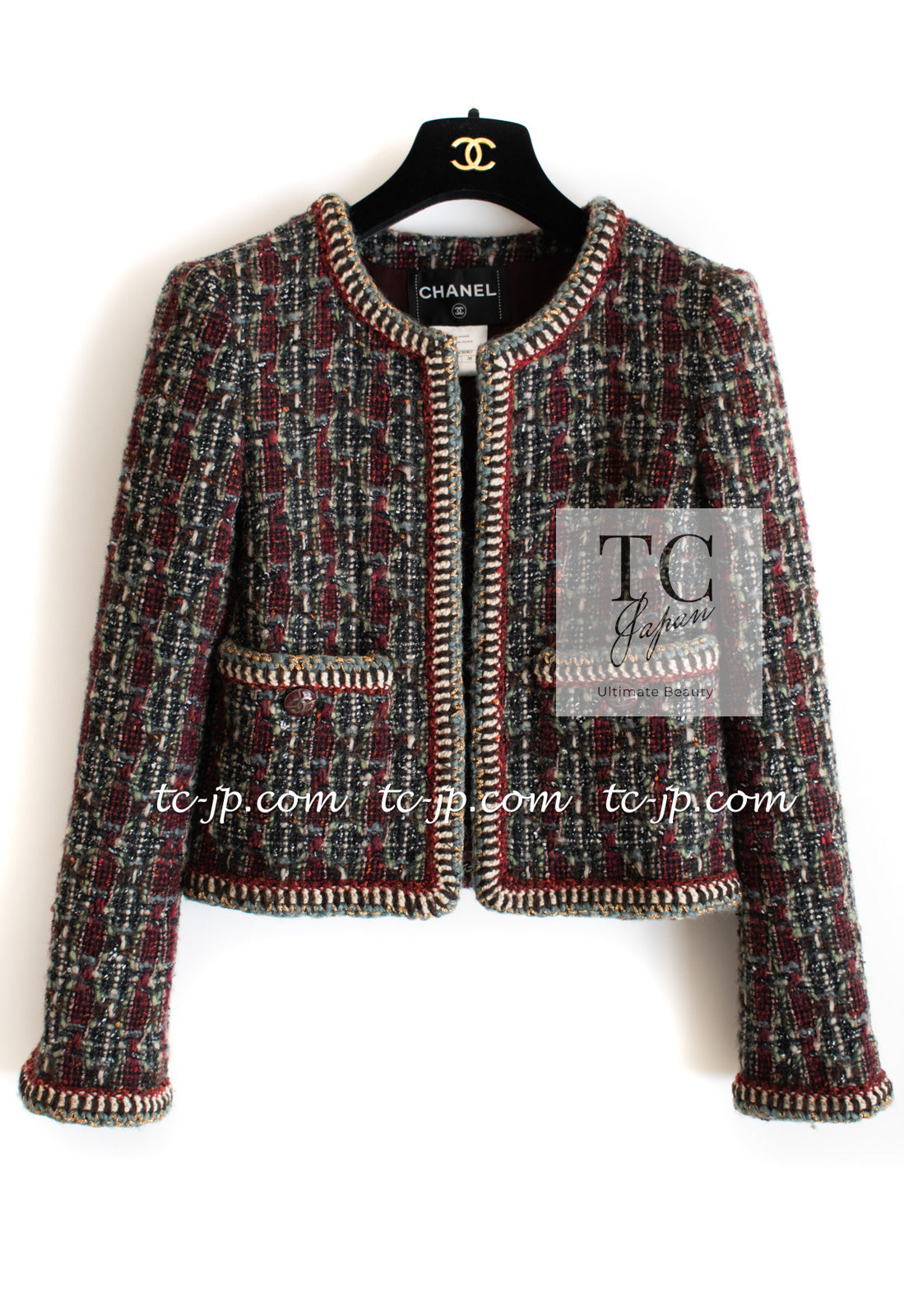 CHANEL 15A Maroon Wine Red Braid Trimming Wool Tweed Jacket Skirt Suit 42 44 シャネル ワインレッド ブレイドトリミング ウール ツイード ジャケット スカート スーツ 即発