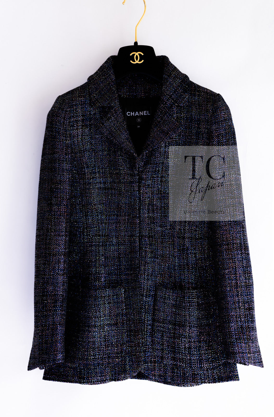 CHANEL 16S Black Blue Metallic Cotton Jacket 34 シャネル ブラック ブルー メタリック コットン ジャケット 即発