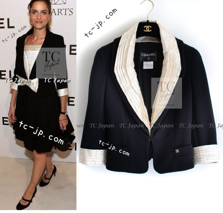 CHANEL 07A Black Detachable Ivory Collar 2 Way Wool Stretch Jacket 34 36 シャネル 女優 ブラック アイボリー取外可 襟 2 Way ウール ストレッチ ジャケット 即発