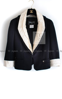 CHANEL 07A Black Detachable Ivory Collar 2 Way Wool Stretch Jacket 34 36 シャネル 女優 ブラック アイボリー取外可 襟 2 Way ウール ストレッチ ジャケット 即発