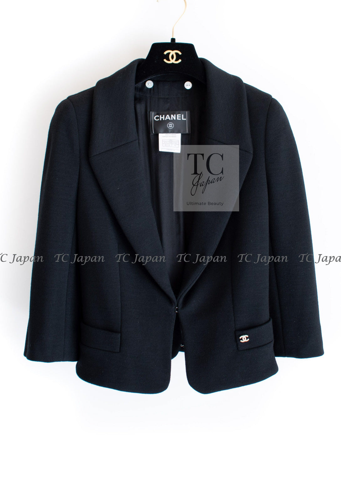 CHANEL 07A Black Detachable Ivory Collar 2 Way Wool Stretch Jacket 34 36 シャネル 女優 ブラック アイボリー取外可 襟 2 Way ウール ストレッチ ジャケット 即発