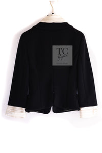 CHANEL 07A Black Detachable Ivory Collar 2 Way Wool Stretch Jacket 34 36 シャネル 女優 ブラック アイボリー取外可 襟 2 Way ウール ストレッチ ジャケット 即発