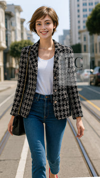 CHANEL 10S Black White Cotton Silk CC Pearl Buttons Tweed Jacket 40 シャネル ブラック ホワイト コットン シルク CC パール ココボタン ツイード ジャケット 即発