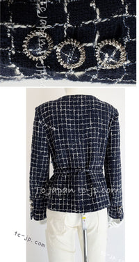 CHANEL 14S Navy Check Collarless Cotton Tweed Jacket 34 シャネル ネイビー チェック ノーカラー コットン ツイード ジャケット 即発