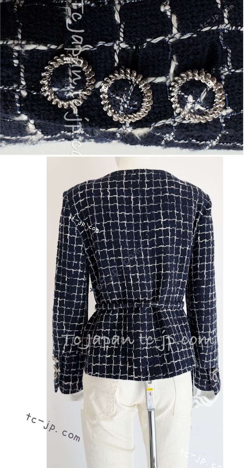 CHANEL 14S Navy Check Collarless Cotton Tweed Jacket 34 シャネル ネイビー チェック ノーカラー コットン ツイード ジャケット 即発