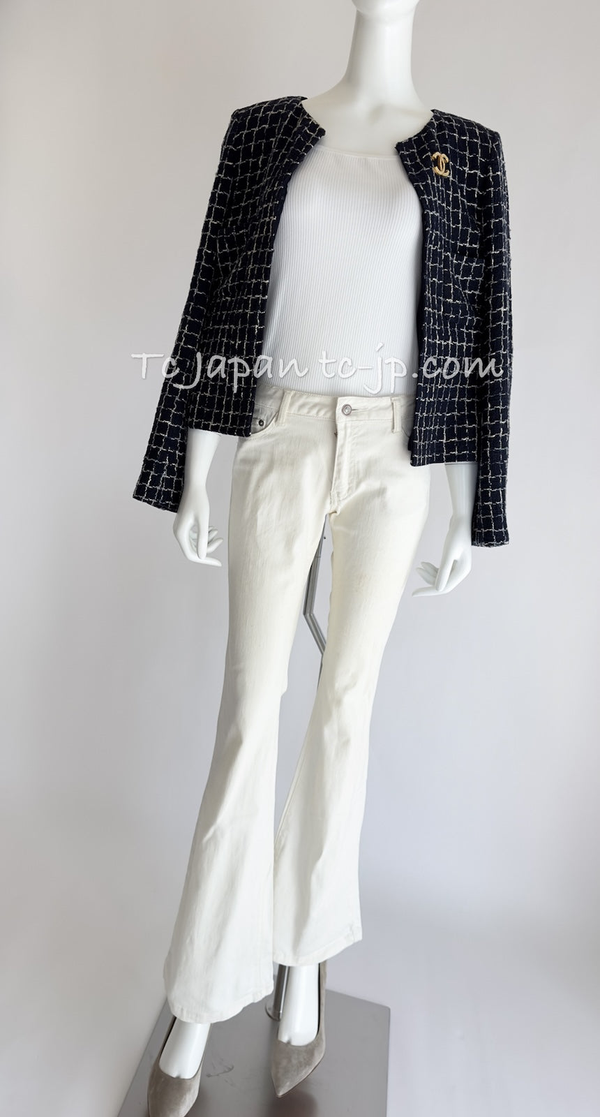 CHANEL 14S Navy Check Collarless Cotton Tweed Jacket 34 シャネル ネイビー チェック ノーカラー コットン ツイード ジャケット 即発