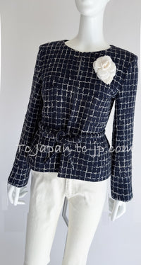 CHANEL 14S Navy Check Collarless Cotton Tweed Jacket 34 シャネル ネイビー チェック ノーカラー コットン ツイード ジャケット 即発