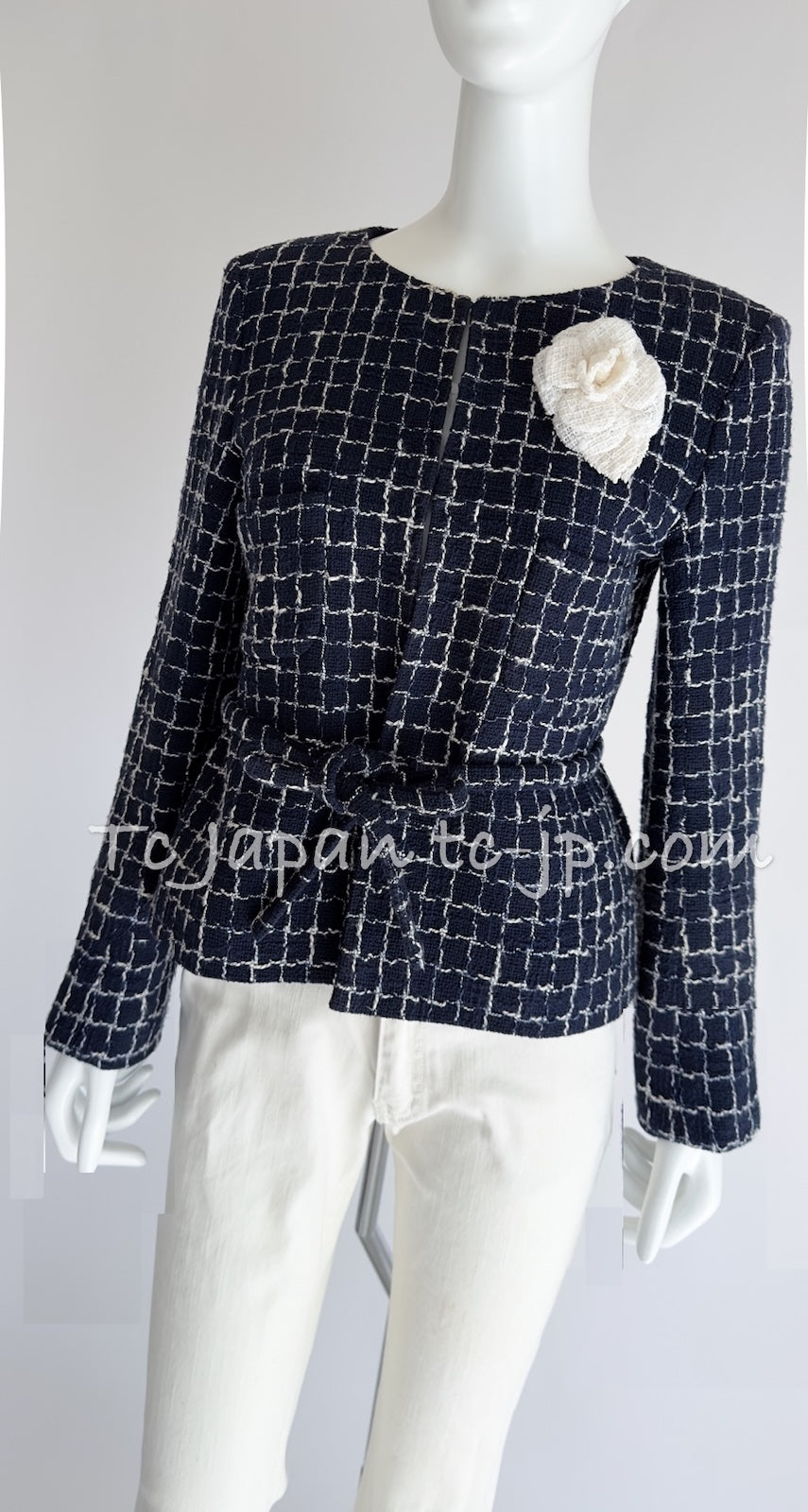 CHANEL 14S Navy Check Collarless Cotton Tweed Jacket 34 シャネル ネイビー チェック ノーカラー コットン ツイード ジャケット 即発