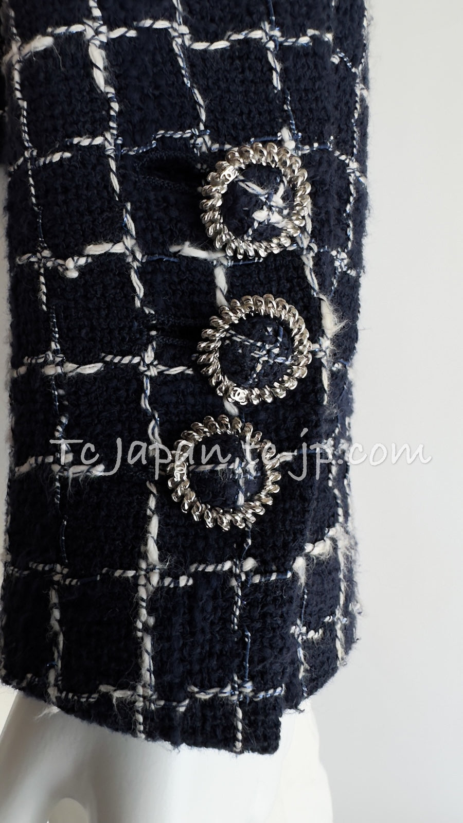 CHANEL 14S Navy Check Collarless Cotton Tweed Jacket 34 シャネル ネイビー チェック ノーカラー コットン ツイード ジャケット 即発