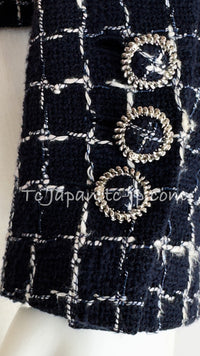 CHANEL 14S Navy Check Collarless Cotton Tweed Jacket 34 シャネル ネイビー チェック ノーカラー コットン ツイード ジャケット 即発