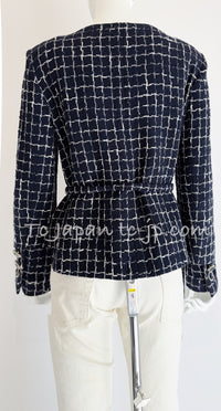 CHANEL 14S Navy Check Collarless Cotton Tweed Jacket 34 シャネル ネイビー チェック ノーカラー コットン ツイード ジャケット 即発