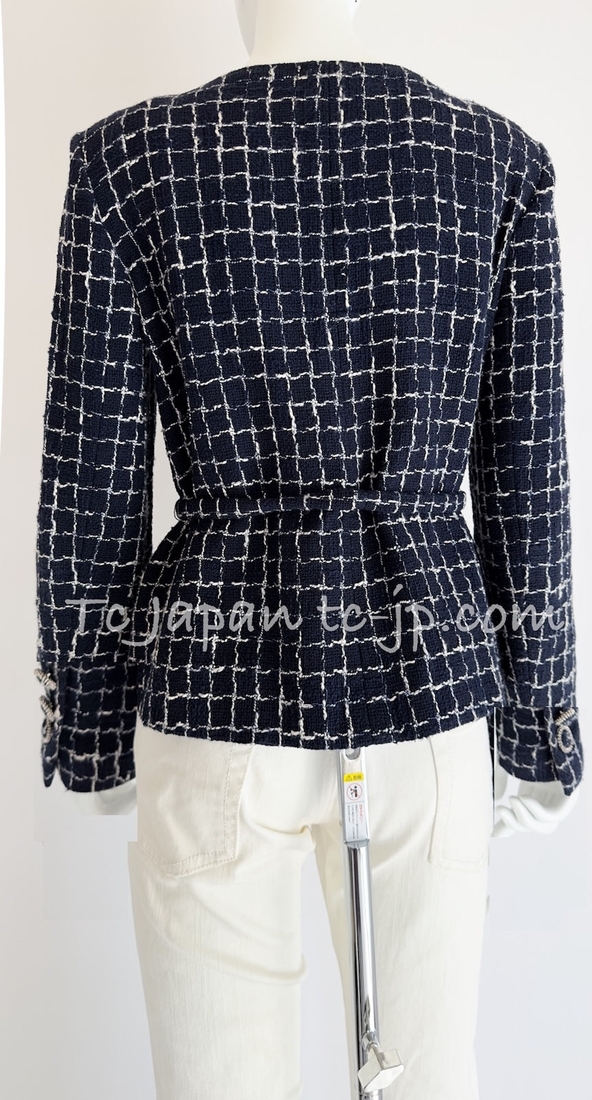 CHANEL 14S Navy Check Collarless Cotton Tweed Jacket 34 シャネル ネイビー チェック ノーカラー コットン ツイード ジャケット 即発
