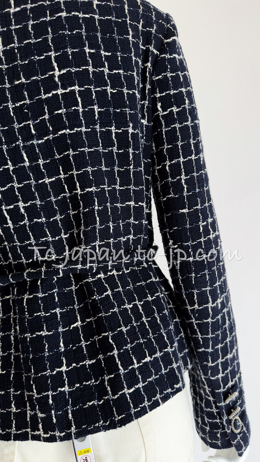 CHANEL 14S Navy Check Collarless Cotton Tweed Jacket 34 シャネル ネイビー チェック ノーカラー コットン ツイード ジャケット 即発
