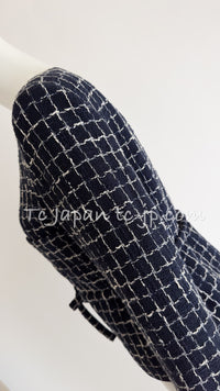 CHANEL 14S Navy Check Collarless Cotton Tweed Jacket 34 シャネル ネイビー チェック ノーカラー コットン ツイード ジャケット 即発