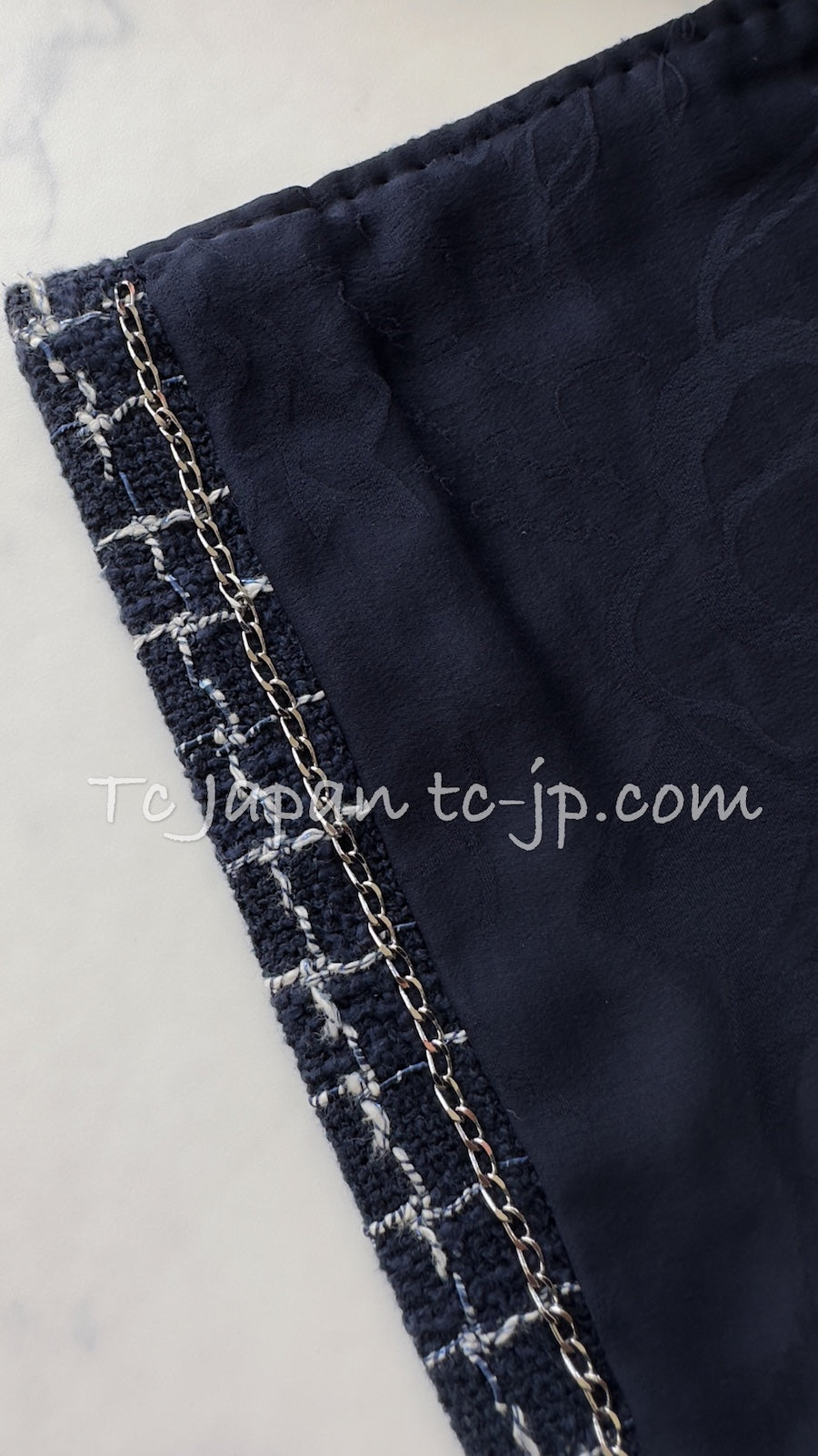 CHANEL 14S Navy Check Collarless Cotton Tweed Jacket 34 シャネル ネイビー チェック ノーカラー コットン ツイード ジャケット 即発