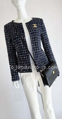 CHANEL 14S Navy Check Collarless Cotton Tweed Jacket 34 シャネル ネイビー チェック ノーカラー コットン ツイード ジャケット 即発
