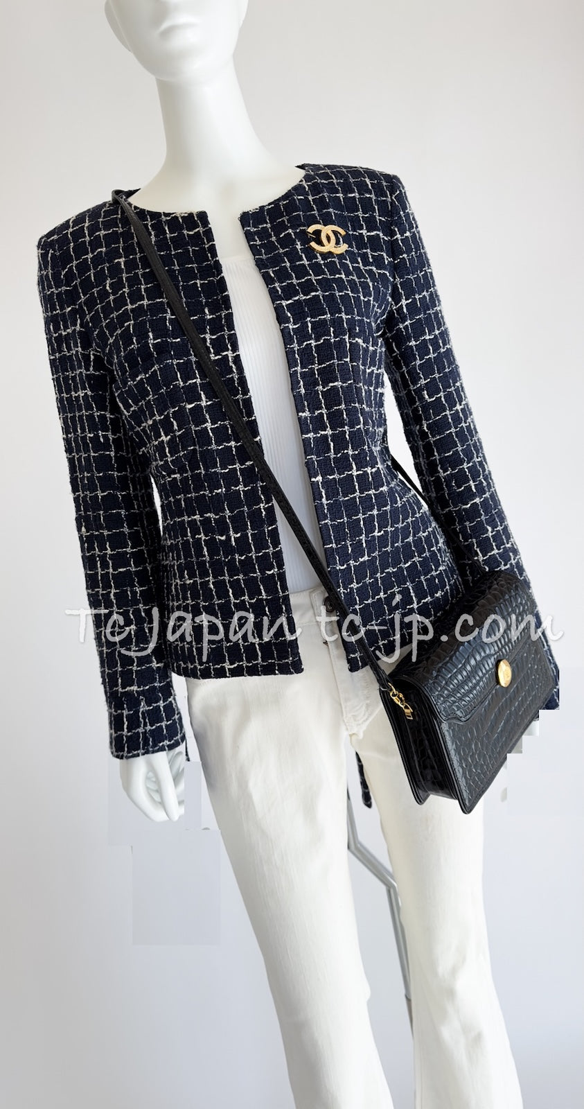 CHANEL 14S Navy Check Collarless Cotton Tweed Jacket 34 シャネル ネイビー チェック ノーカラー コットン ツイード ジャケット 即発