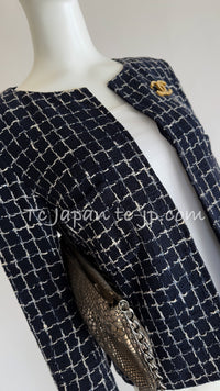 CHANEL 14S Navy Check Collarless Cotton Tweed Jacket 34 シャネル ネイビー チェック ノーカラー コットン ツイード ジャケット 即発