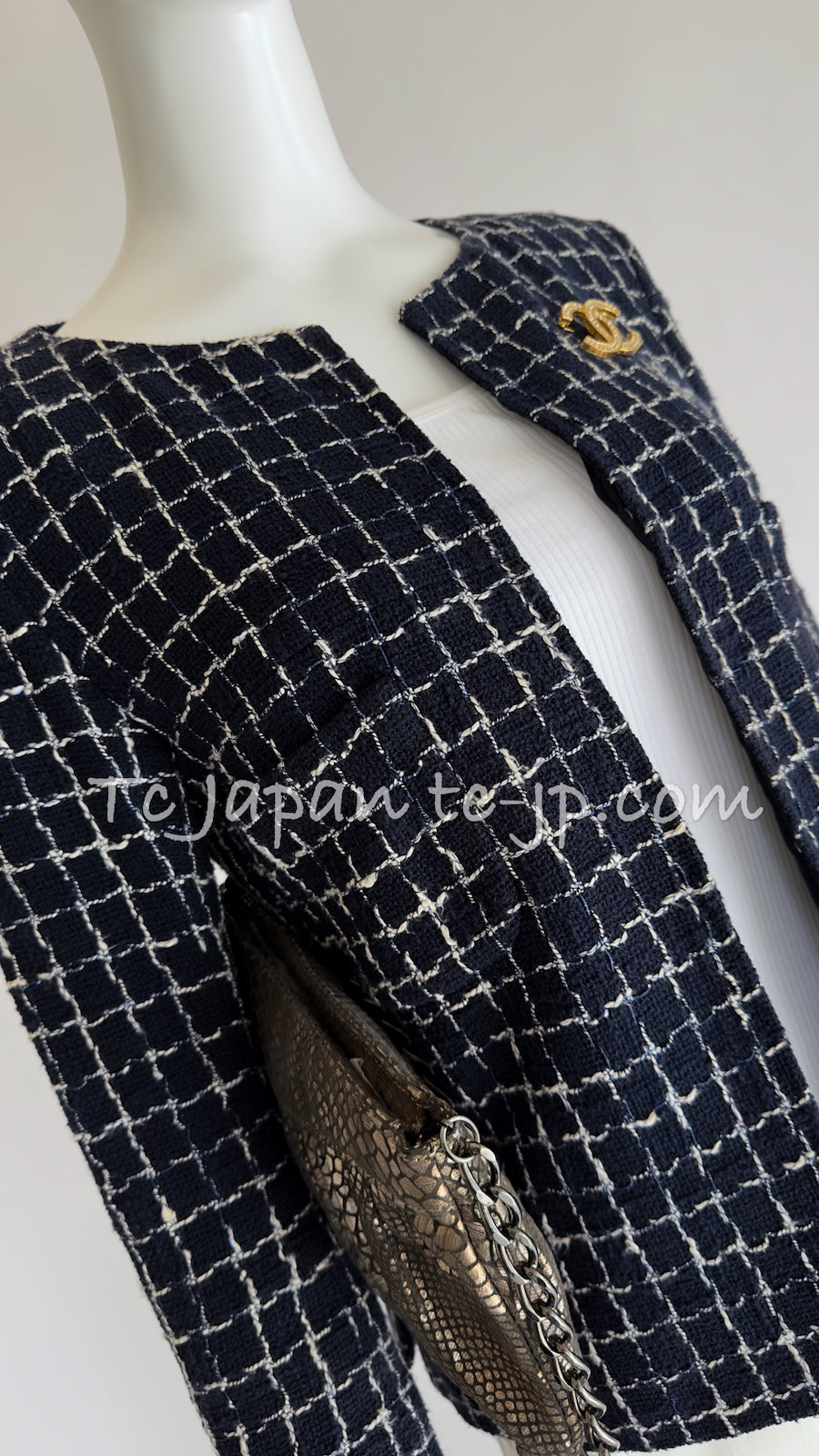 CHANEL 14S Navy Check Collarless Cotton Tweed Jacket 34 シャネル ネイビー チェック ノーカラー コットン ツイード ジャケット 即発