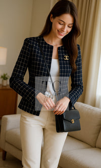 CHANEL 14S Navy Check Collarless Cotton Tweed Jacket 34 シャネル ネイビー チェック ノーカラー コットン ツイード ジャケット 即発