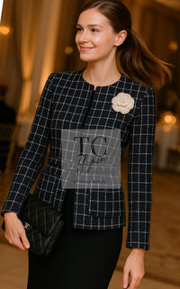 CHANEL 14S Navy Check Collarless Cotton Tweed Jacket 34 シャネル ネイビー チェック ノーカラー コットン ツイード ジャケット 即発