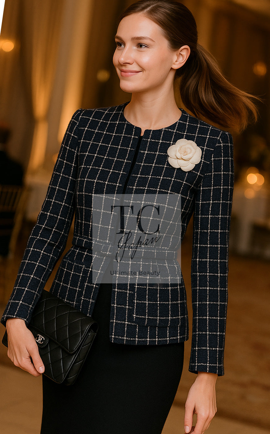 CHANEL 14S Navy Check Collarless Cotton Tweed Jacket 34 シャネル ネイビー チェック ノーカラー コットン ツイード ジャケット 即発