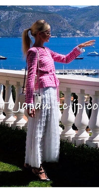 CHANEL 14S Navy Check Collarless Cotton Tweed Jacket 34 シャネル ネイビー チェック ノーカラー コットン ツイード ジャケット 即発