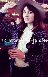 CHANEL 14S Navy Check Collarless Cotton Tweed Jacket 34 シャネル ネイビー チェック ノーカラー コットン ツイード ジャケット 即発