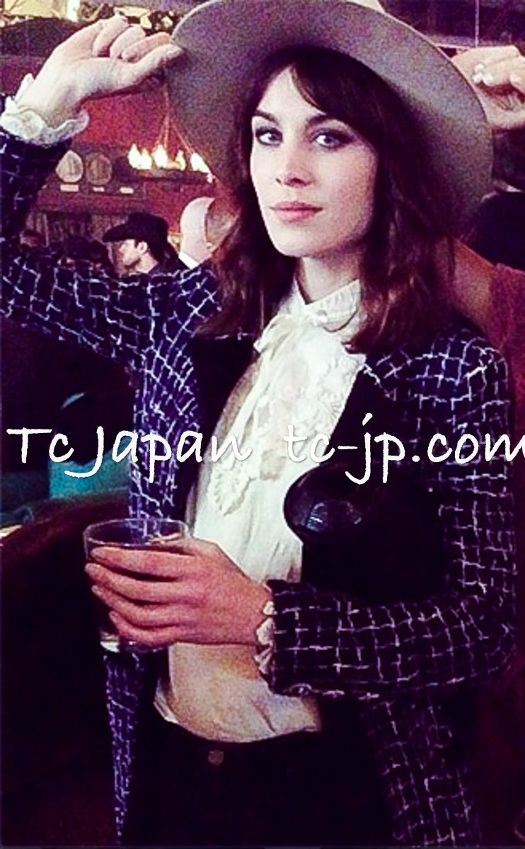 CHANEL 14S Navy Check Collarless Cotton Tweed Jacket 34 シャネル ネイビー チェック ノーカラー コットン ツイード ジャケット 即発