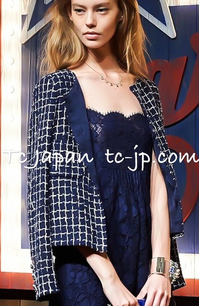 CHANEL 14S Navy Check Collarless Cotton Tweed Jacket 34 シャネル ネイビー チェック ノーカラー コットン ツイード ジャケット 即発