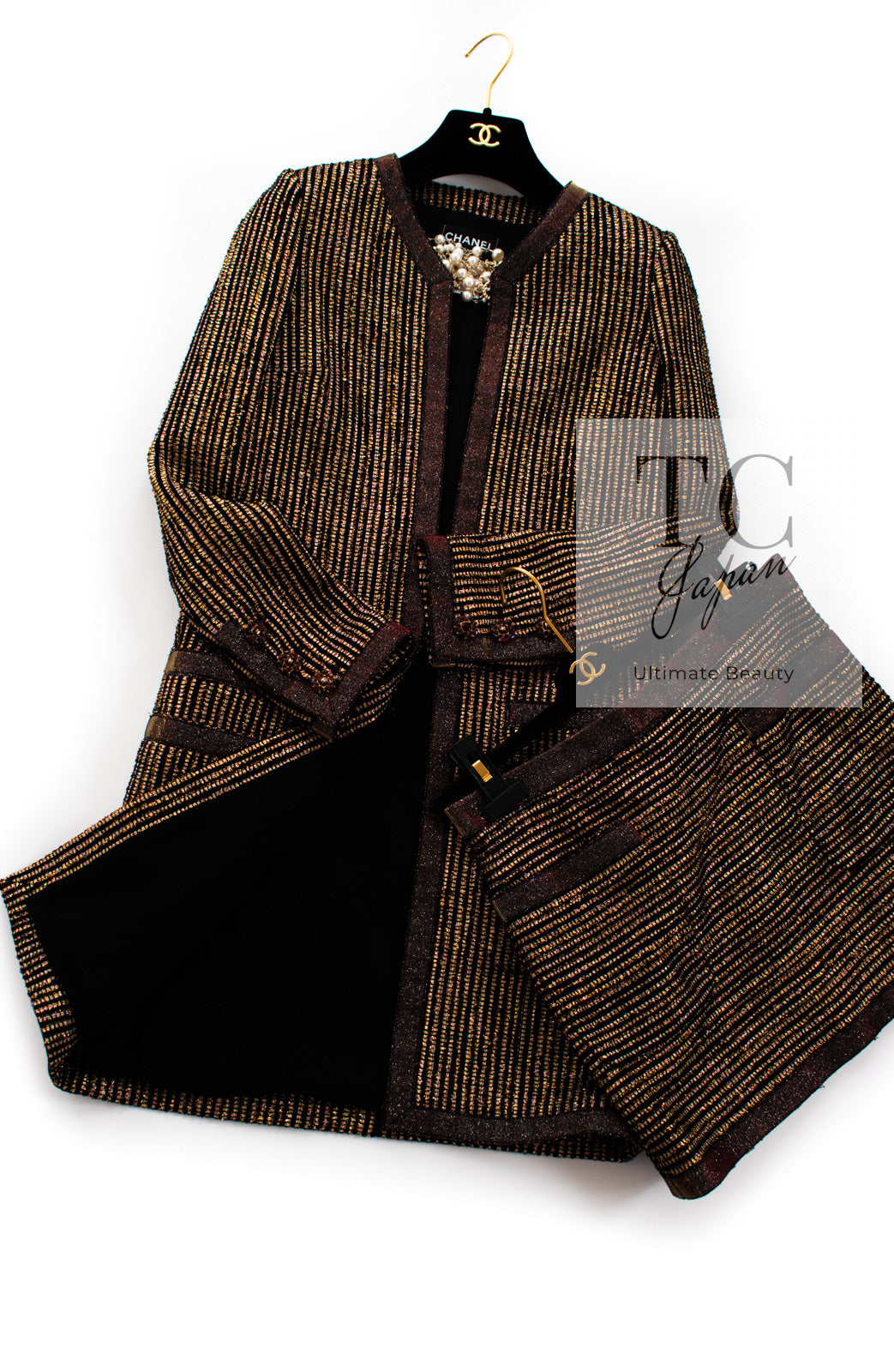 CHANEL 10C Gold Metallic Stripe Long Jacket Coat Skirt Setup 34 シャネル ゴールド メタリック ストライプ ロング ジャケット コート スカート セットアップ 即発