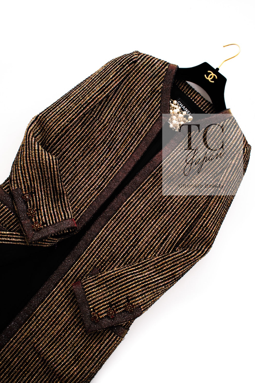 CHANEL 10C Gold Metallic Stripe Long Jacket Coat Skirt Setup 34 シャネル ゴールド メタリック ストライプ ロング ジャケット コート スカート セットアップ 即発