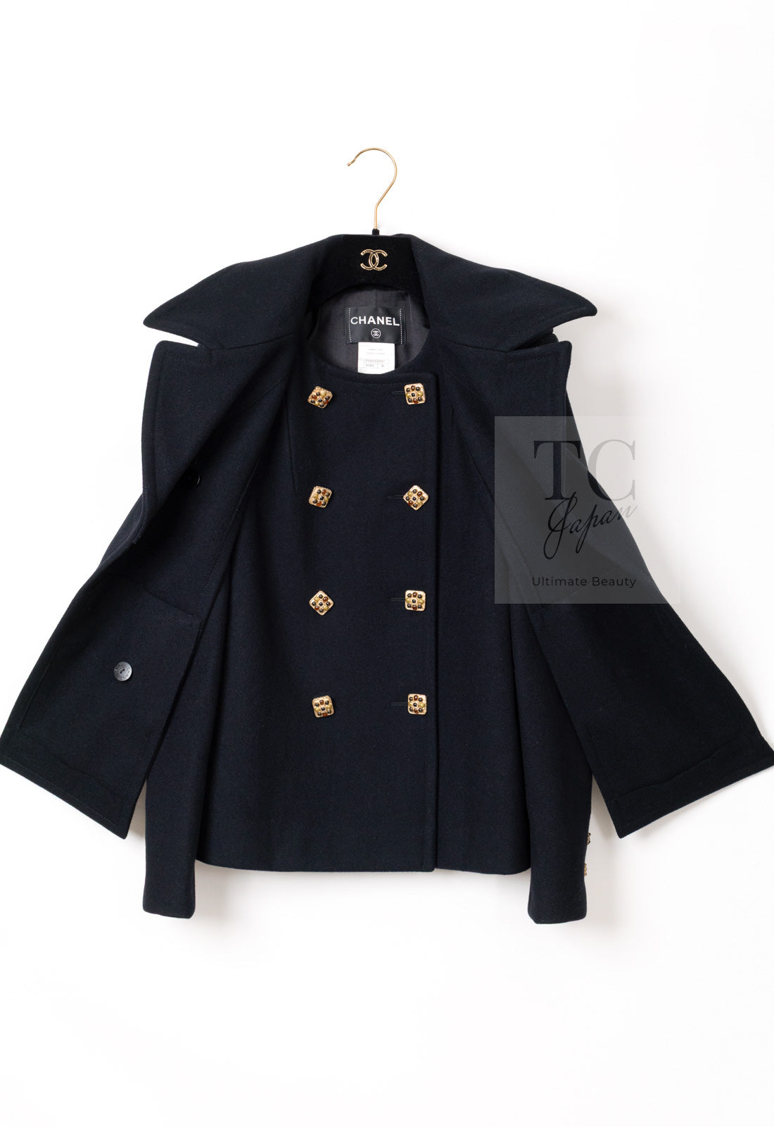 CHANEL 11PF Black Wool Gripoix Buttons Double Jacket Coat 36 シャネル ブラック ウール グリポア 宝石 ボタン ジャケット コート 即発