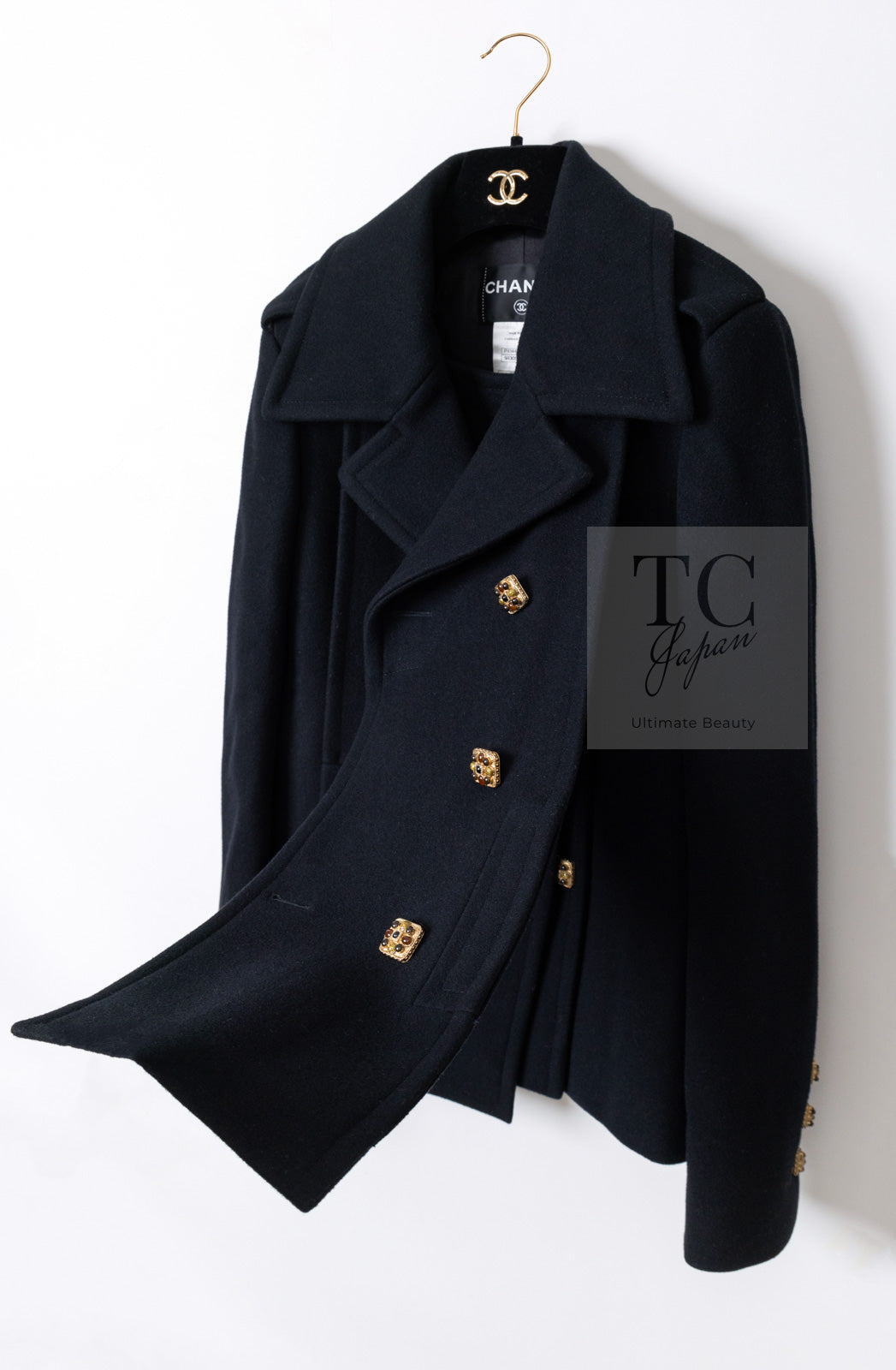 CHANEL 11PF Black Wool Gripoix Buttons Double Jacket Coat 36 シャネル ブラック ウール グリポア 宝石 ボタン ジャケット コート 即発