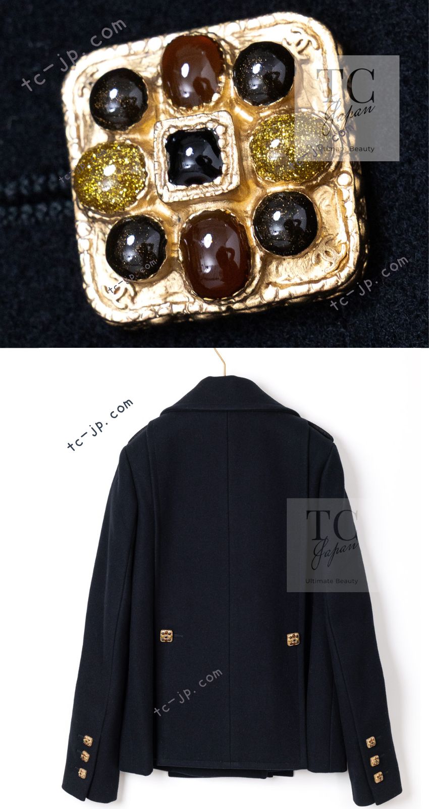 CHANEL 11PF Black Wool Gripoix Buttons Double Jacket Coat 36 シャネル ブラック ウール グリポア 宝石 ボタン ジャケット コート 即発