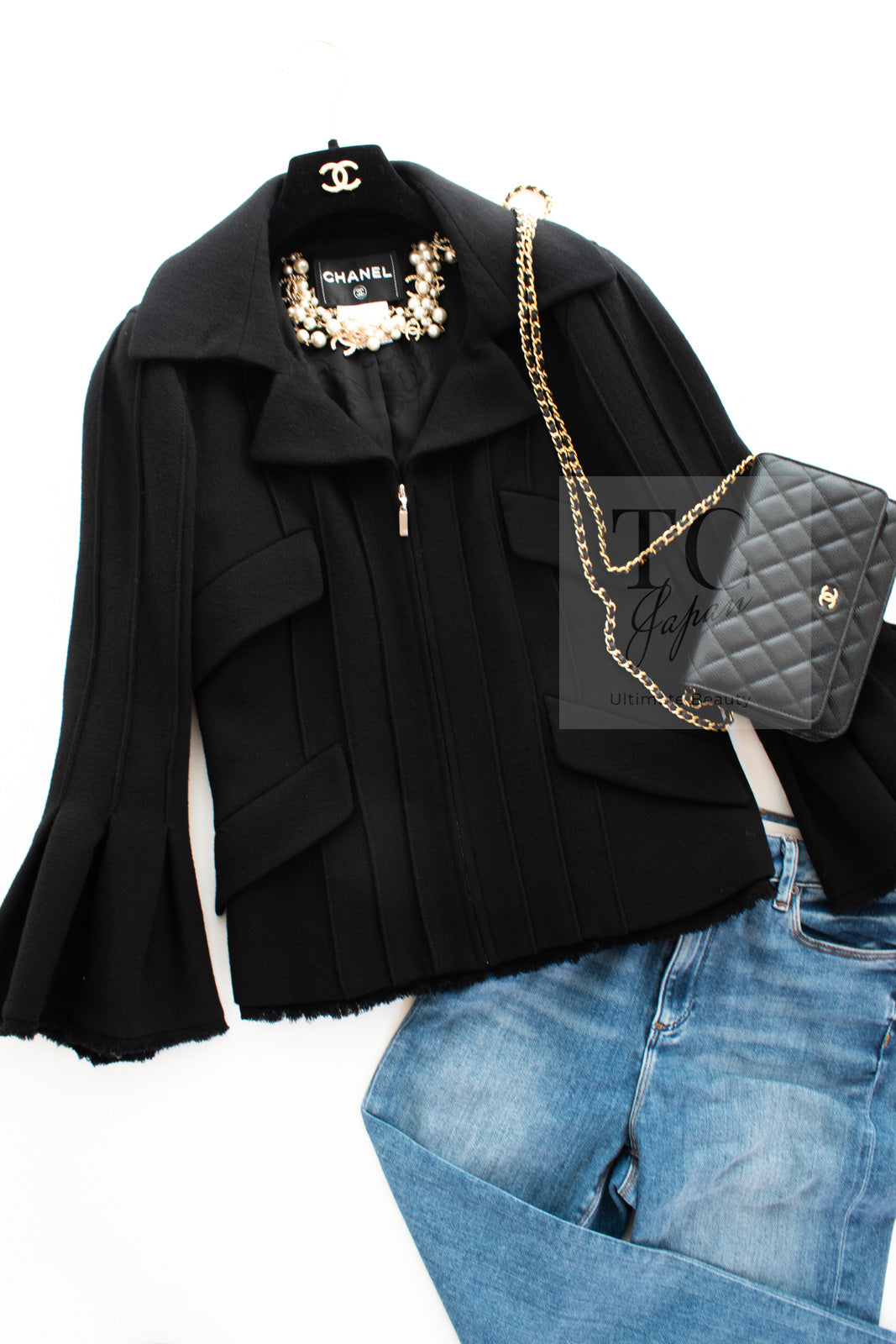 CHANEL 13C Black Flare Sleeves Wool Zipper Tweed Jacket 36 シャネル ブラック フレアスリーブ ウール ジッパー ジャケット 即発