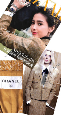 CHANEL 14PF Beige Brown Wool Cotton Tweed Jacket Skirt Suit 44 シャネル ベージュ ブラウン ウール コットン ツイード ジャケット スカート スーツ 即発